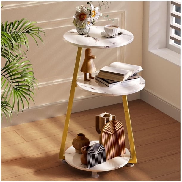 Simple Wisdom Mesa Auxiliar,Mesa Auxiliar Sala Redonda Lateral 3 Niveles,Mesita de Noche,Buros para Recamara,para Sala de Estar, Dormitorio, Estilo Industrial,Tamaño: 30 * 30 * 60 CM. (Mármol Blanco)