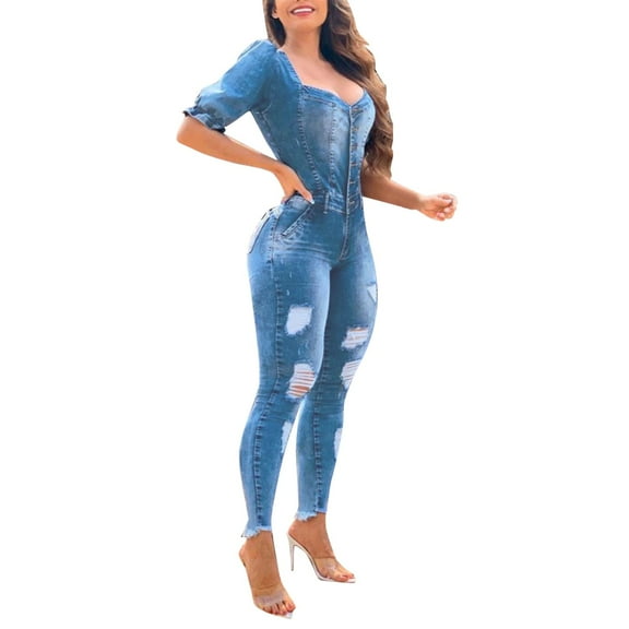 Border Women's New Ruffle Puff Sleeves Fashionable Casual Sexy Denim Spray White Ripped Jumpsuit