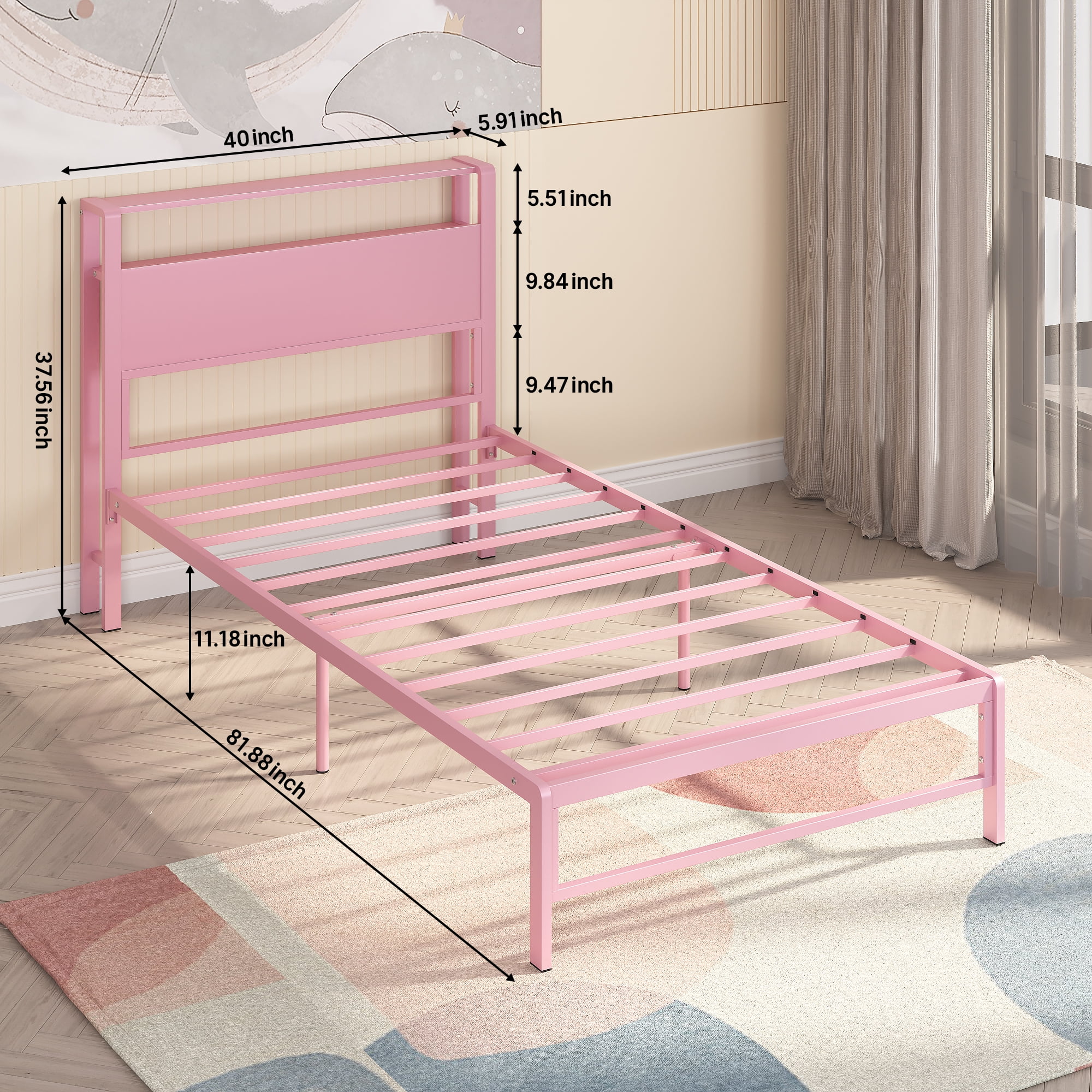 Yoneston 12" Twin Metal Bed Frame with 2-Tire Storage Headboard for Girls, Heavy Duty Platform Bed Frame Bedroom Furniture, Pink