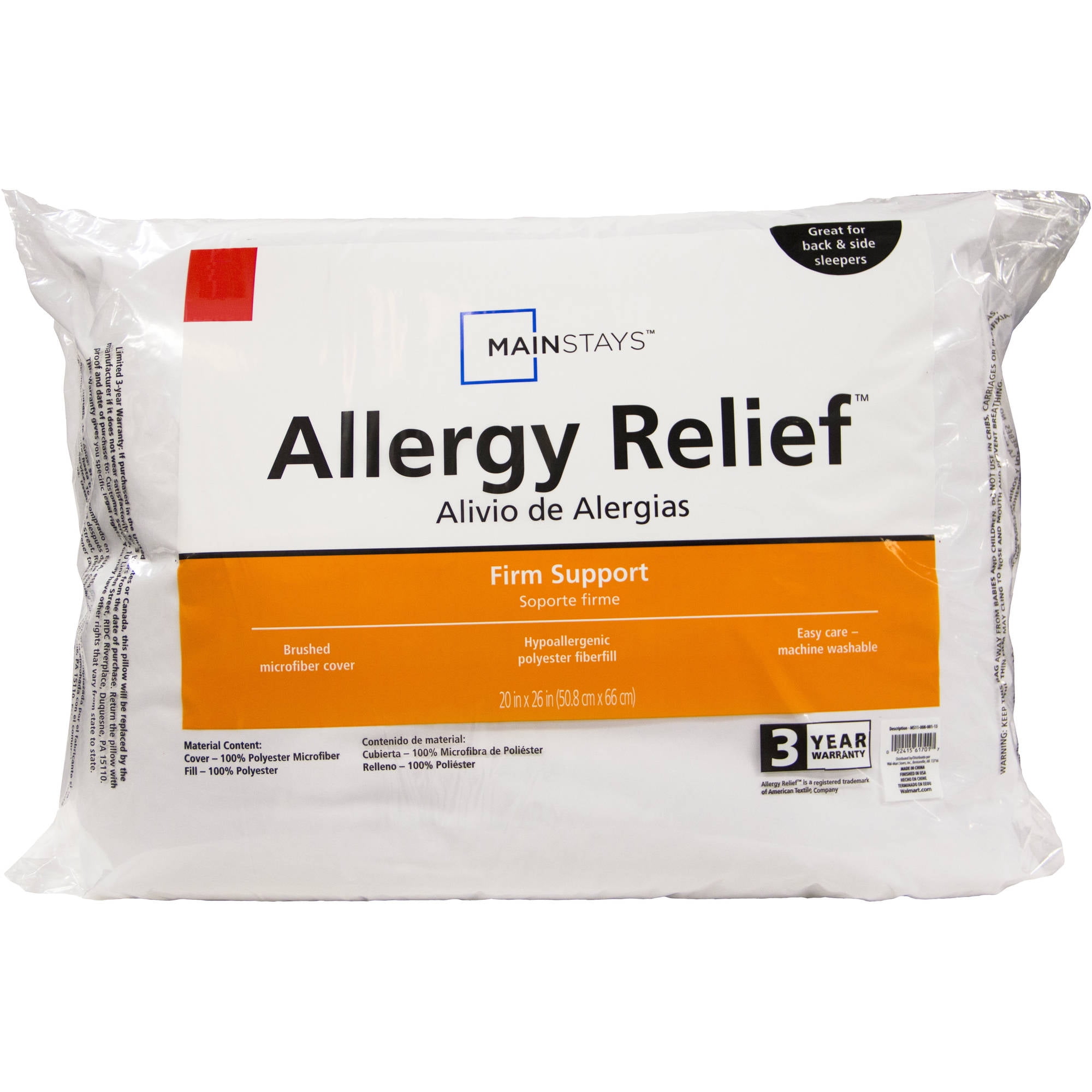 Mainstays Allergy Relief Hypoallergenic Polyester Fiberfill Firm