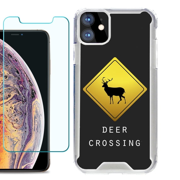 For Apple iPhone 11 Case, Hybrid Bumper Phone Case, with Tempered Glass Screen Protector, by OneToughShield ® - Road Sign Deer