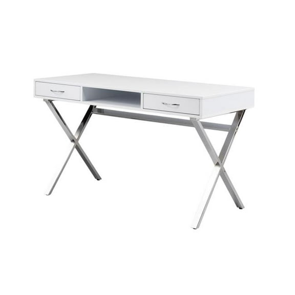 HomeRoots 554209 47 in. White & Silver Wood & Metal Computer Desk with Two Drawers