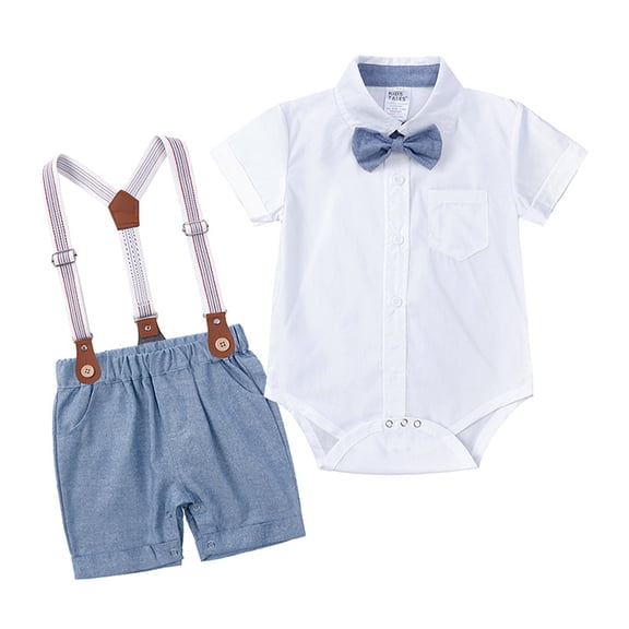 MXIEZI Newborn Baby Boy Formal Outfit Set Bow Tie Short Sleeve Jumpsuit Shirt and Strap Shorts Summer Gentleman Clothing 2-Piece Set for 0-3 Years