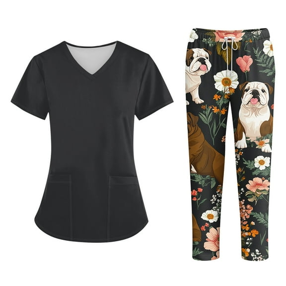Womens Scrubs Set,Scrub Sets For Woman Short Sleeve Animal Flower Printed Tops Pants Work Uniforms Nurse Clothing Two Piece Set,Black,Xl