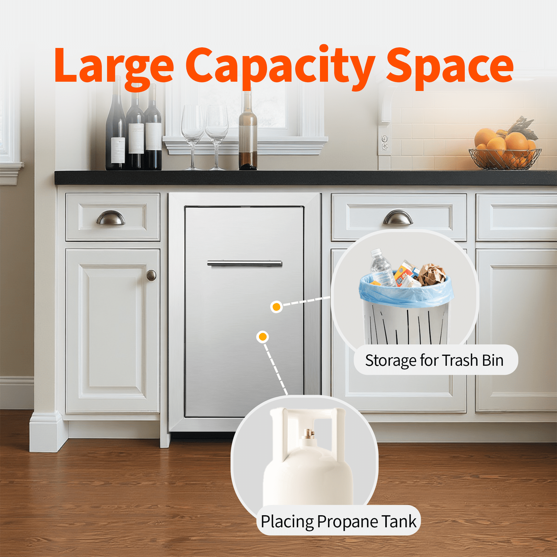Pull-Out Trash Can Drawer, Stainless Steel Flush Mount Trash Cabinet 14"W x 25.7"H x 19.4"D for Outdoor Kitchens & BBQ Islands