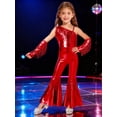 thumbnail image 2 of TiaoBug Kids Girls' Metallic Bell Bottom Jumpsuit Sleeveless One Shoulder One Piece Dance Outfits with Gloves Red 16, 2 of 6