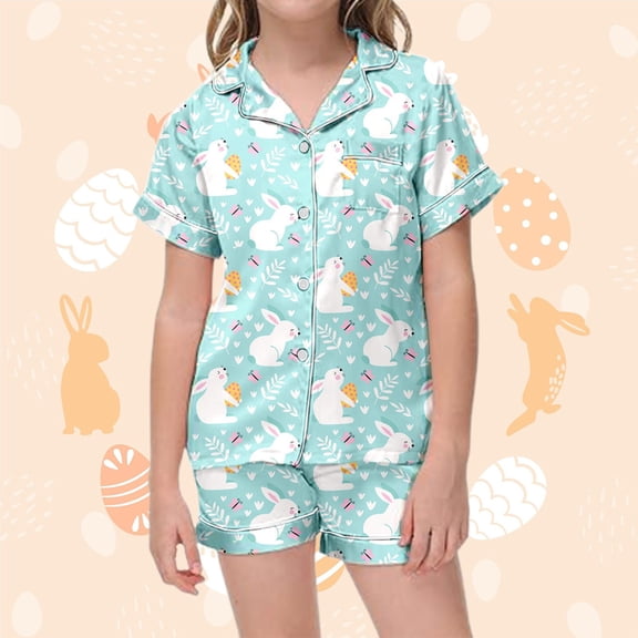 FASHOFT Girls Boys Silk Pajama Sets Satin Clasic Sleepwear Summer 2 Pieces Button Down Easter Outfit Light Blue 2-3 Years