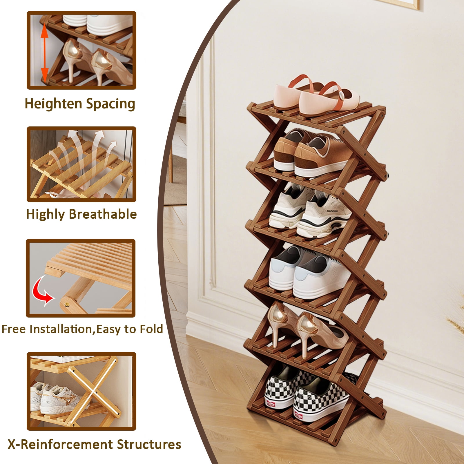 LPAMEOIU 4-Tier Foldable Shoe Rack,Bamboo Shoe Organizer Storage Shelf for Entryway,Hallway(Brown)