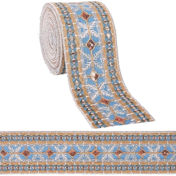 Cinta bordada de jacquard azul de mezclilla de 3 pulgadas, cinta ancha de poliéster con lentejuelas y cuentas, cintas de tela tejida para apliques, a granel