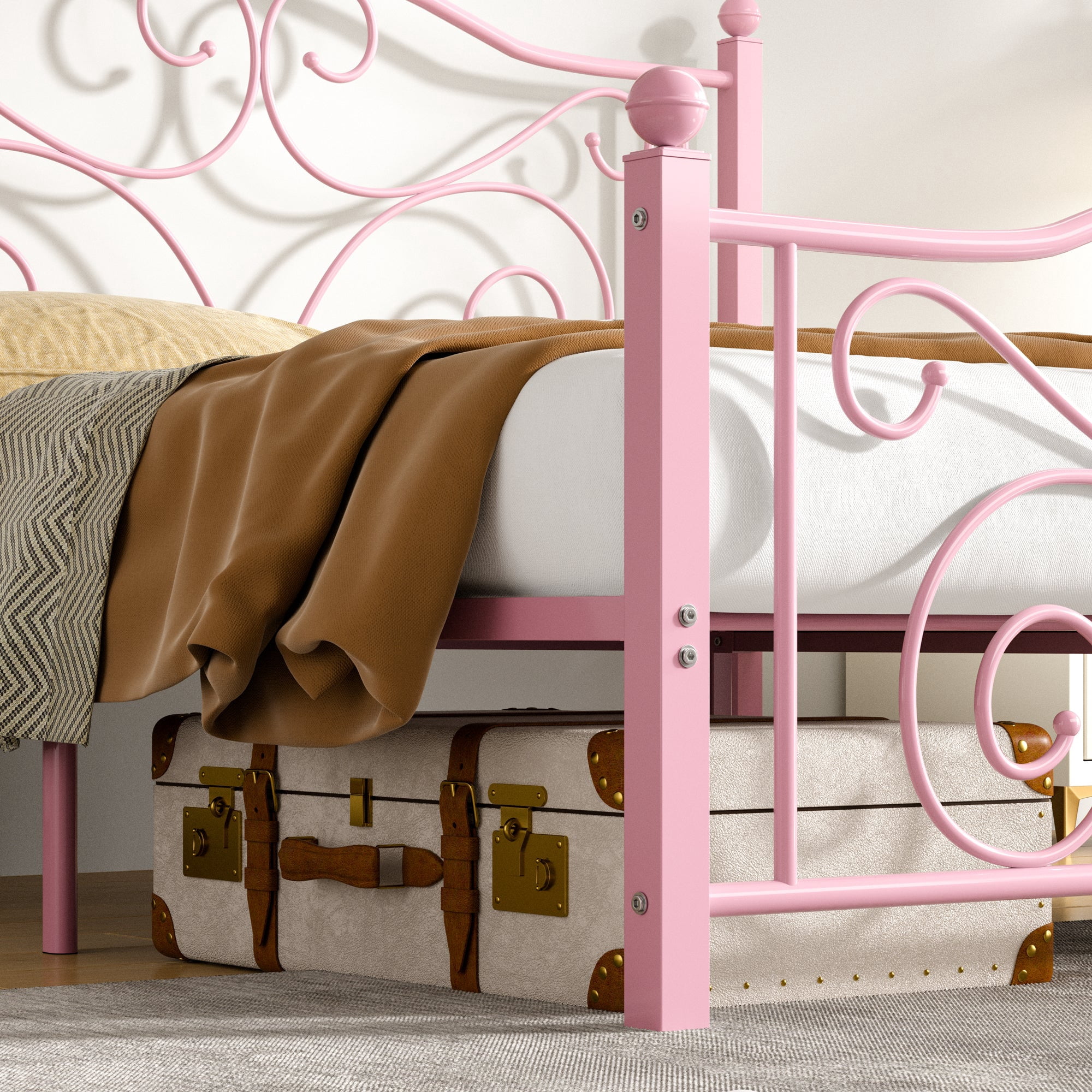 VECELO Full Size Bed Frame with Butterfly Shaped Headboards and Footboard, Metal Platform Bed Frame/Mattress Foundation, No Box Spring Needed, Easy Assembly, Pink