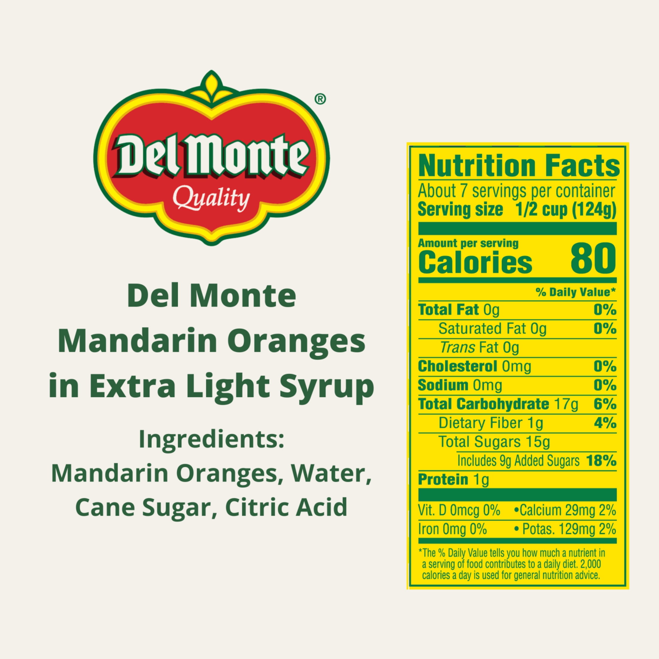 (4 pack) Del Monte Mandarin Oranges in Extra Light Syrup, 29 oz Can, Canned Fruit