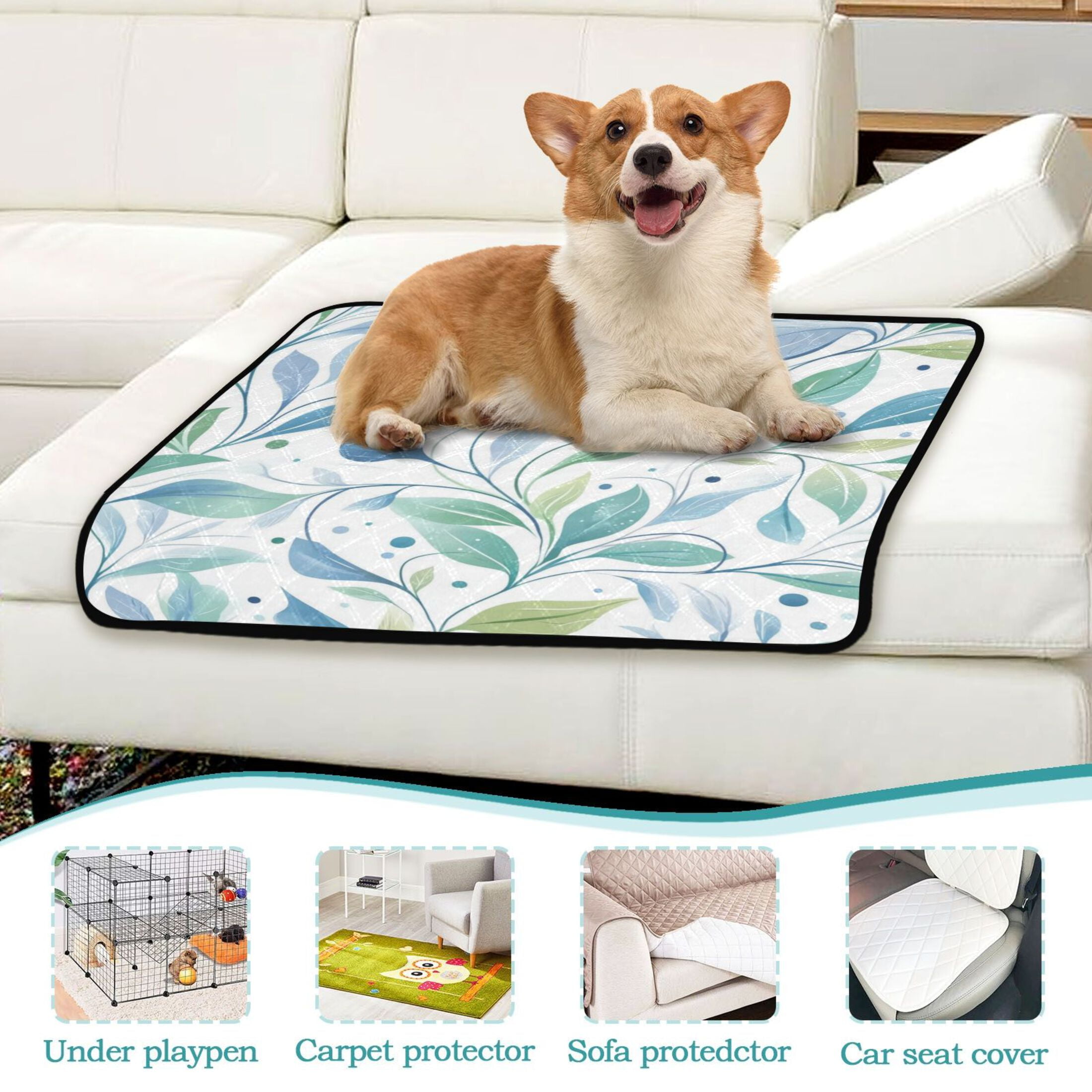 Washable Pet Pee Pads with Super Absorbent Reusable Training Pads for Dogs & Cats Blue Leaves