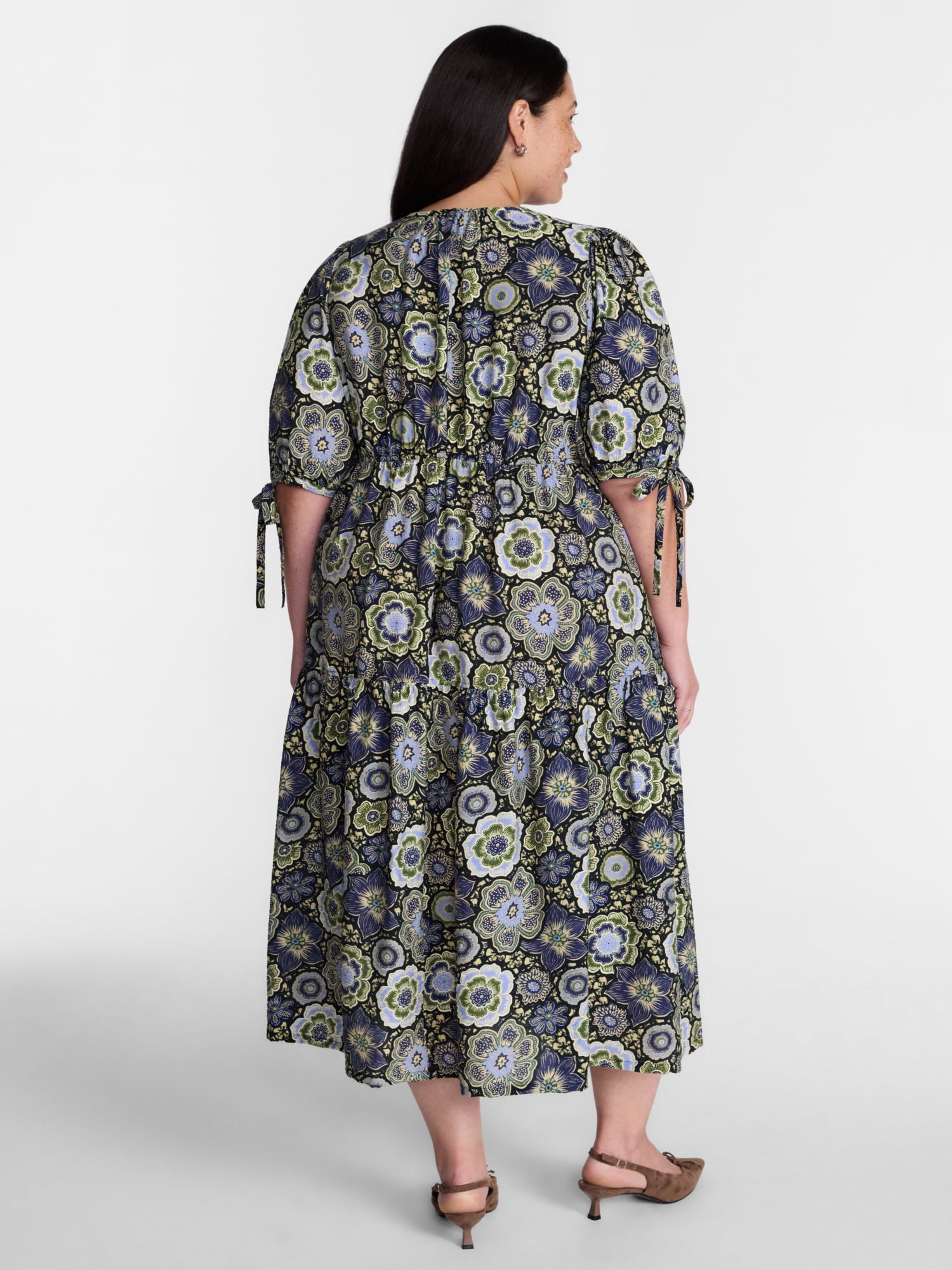 Terra & Sky Women’s Plus Tiered Midi Dress with Short Puff Tie Sleeves, Sizes 0X-5X