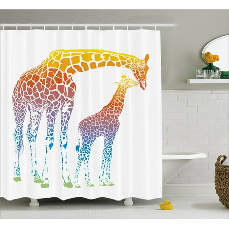 Shower Curtain Kids Giraffe Shower Curtain, Mom Kid Giraffe in Rainbow Colors Abstract Art Surrealist Image of African Animal, Fabric Bathroom Set with Hooks, Multicolor, by Ambesonne ()