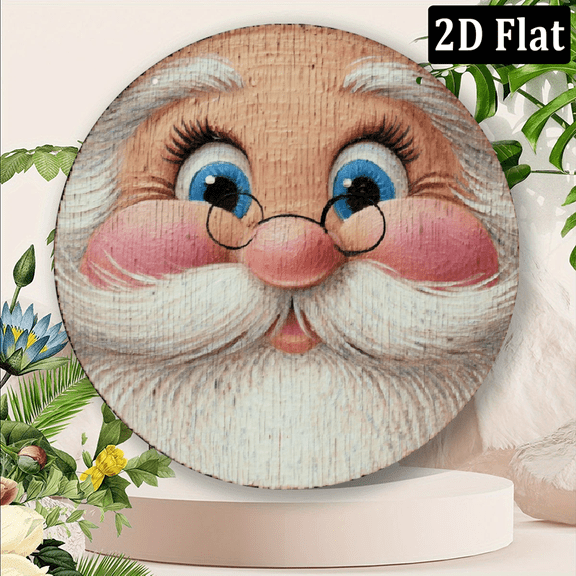 2D Flat, Vintage Santa Claus Face Wreath Sign - 8x8 Inch Rustic Metal Wall Decor with Expressive Eyes, Nose Mouth - 2D Flat Christmas, Halloween, Thanksgiving Decoration for Home, Cafe, Easy Mounting