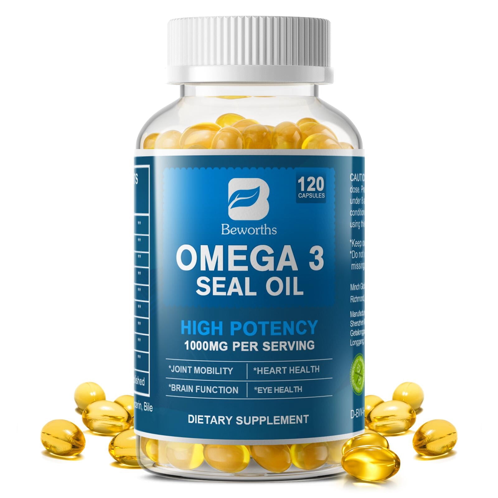 Omega 3 Capsules with EPA DHA, Support Brain Heart & Eye Health, Joint Mobility & Immune Support, 1000mg Per Serving