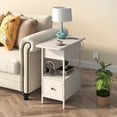 thumbnail image 2 of End Table with Charging Station, Narrow Side Table with Flip Top Cabinet and Fabric Drawer, Nightstand Bedside Tables for Small Spaces, Bedroom, Living Room, White, 2 of 7
