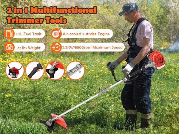 Floseru Gas Weed Wacker Cordless, 2 in 1 String Trimmer, 52cc 2 Cycle Weed Eater with Anti-Slip Handle Brush Cutter Garden Tools Edger Lawn Tool