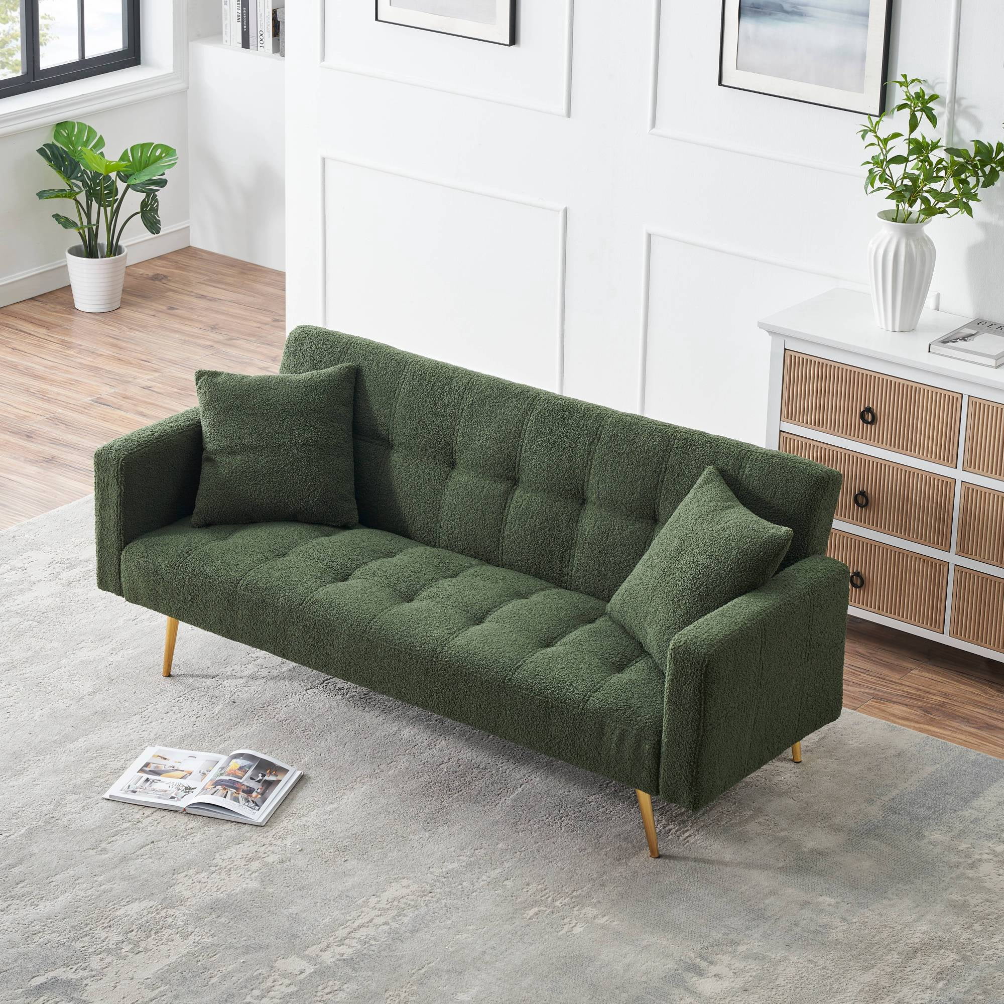 71" W Teddy Convertible Futon Sofa Bed,Modern Upholstered Loveseat Sofa Couch for Living Room,Small Space,Green