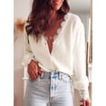 thumbnail image 5 of Lace Trim Mohair Sweaters for Women Pullover V Neck Sweaters Long Sleeve Knitted Sweater Fall Winter Clothes White S, 5 of 10