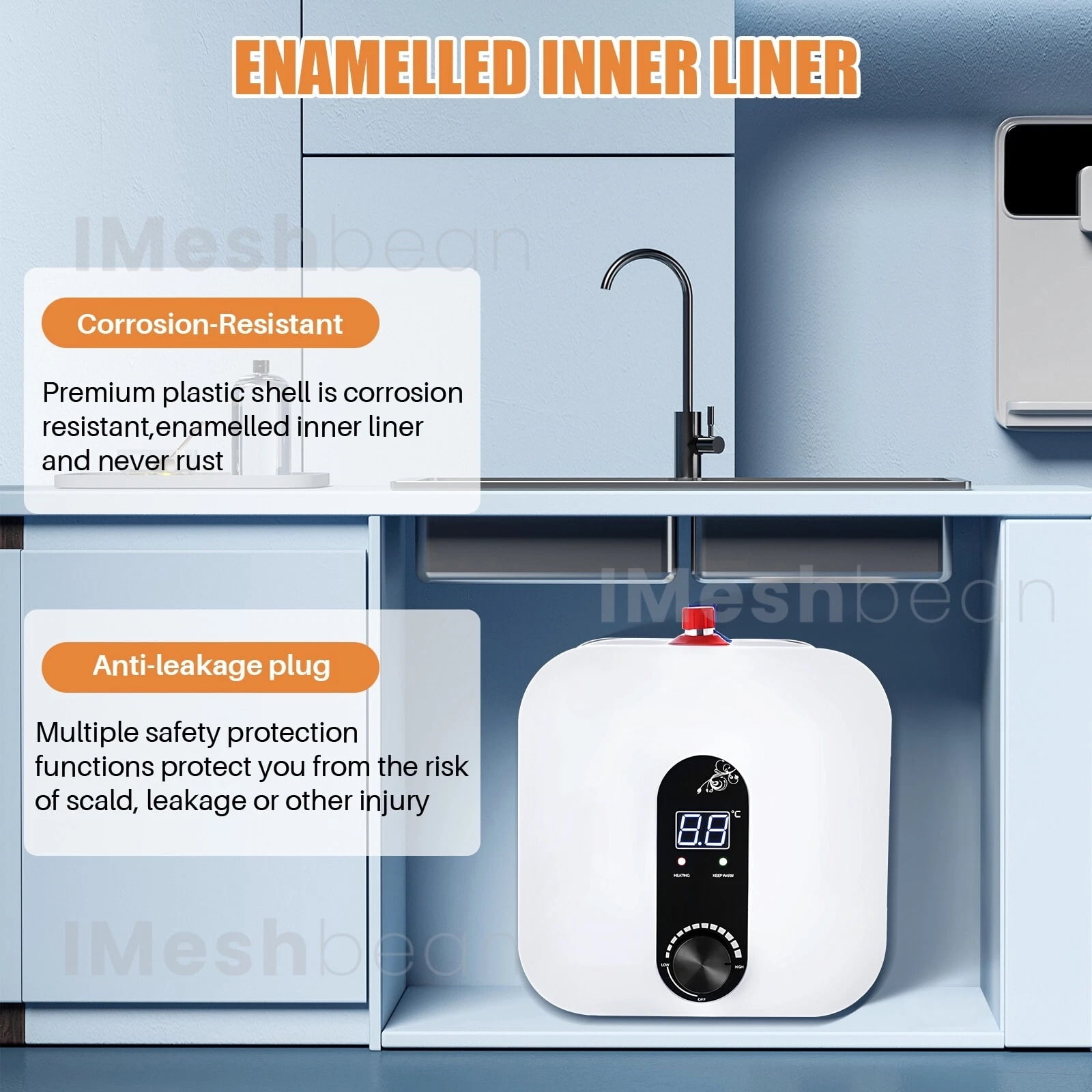 iMeshbean 15L/4 Gal Instant Electric Water Heater Shower 1500W 110V Compact Mini-Tank Storage