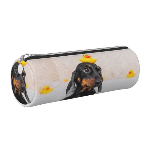 Easygdp Dachshund Sitting in Bathtub para Estuche de Lápices Cilíndrico de Cuero con Cremallera, Organizador de Lápices de Cuero para Escuela, Oficina y Viajes