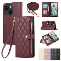 iPhone 15 Plus Wallet Case, with Crossbody Shoulder Strap Hand Wrist Cards Holder Zipper Pocket RFID Blocking Shockproof Flip Cover Stand Snap Closure Phone Case for Apple iPhone 15 Plus, Winered