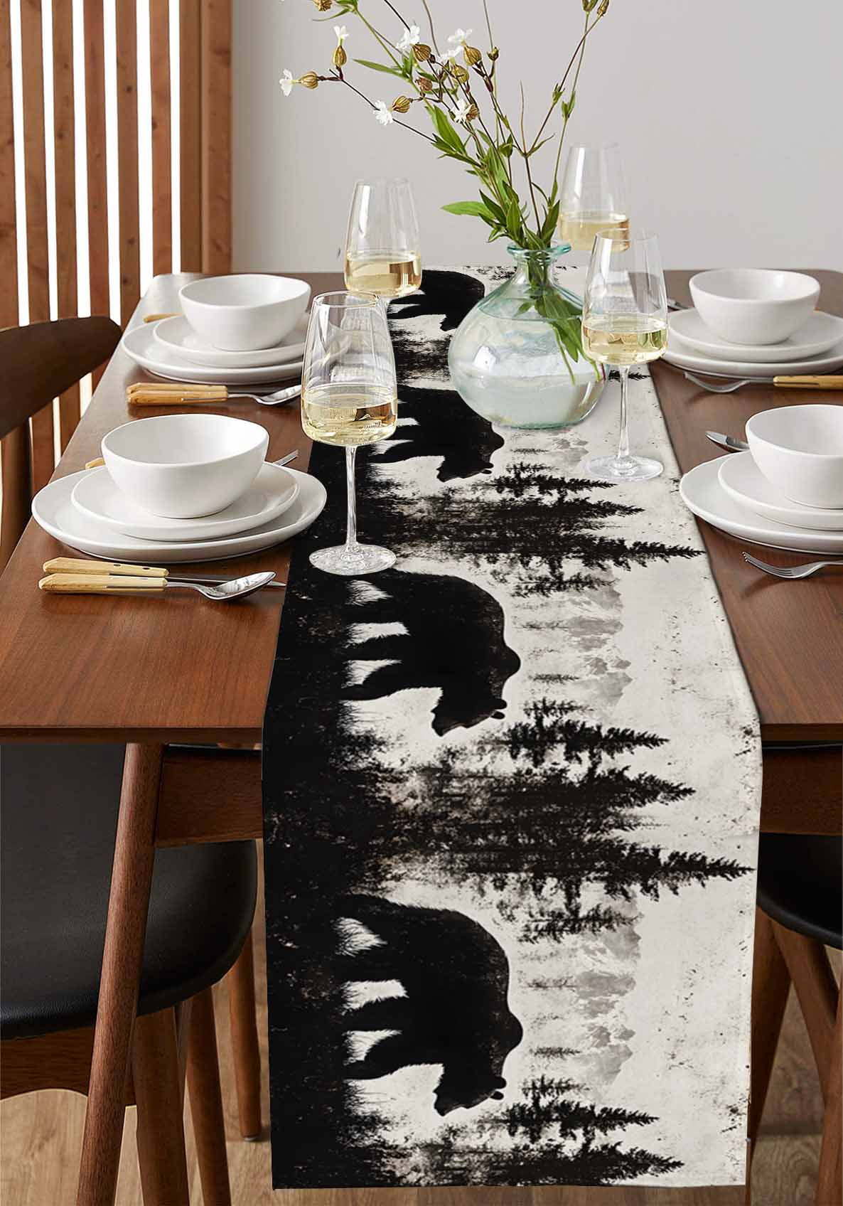Rustic Bear Table Runner 48 Inches, Vintage Country Wildlife Forest Mountains Bed Runner Dresser Scarves Tabletop for Indoor Outdoor Parties/Ceremony/Banquet, 13" x 48"