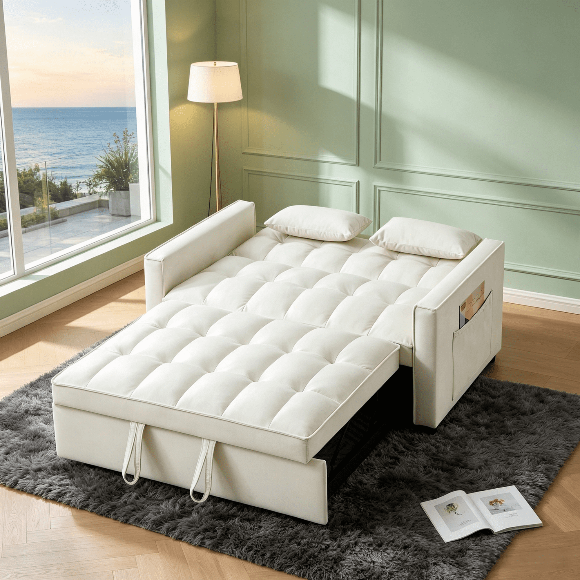 Gewnee 54"Sleeper Sofa Bed,Convertible Pull Out Couch with Adjustable Backrest and Side Pockets,Velvet Futon Loveseat Sofa Bed with 2 Pillows for Living Room,Apartment.Beige