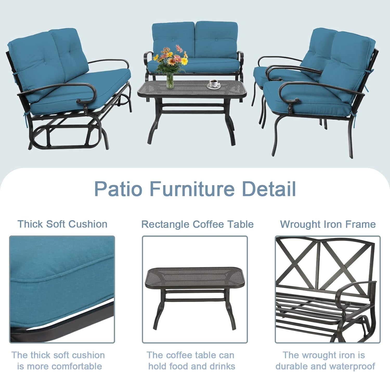 SOLAURA 5-Piece Outdoor Metal Furniture Set Patio Wrought Iron Conversation Set (Patio Swing Glider, 2 Patio Chairs, Loveseat with Coffee Table), Peacock Blue