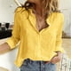 thumbnail image 4 of Camisas de lino para mujer Blusas de solapa con botones de color sólido informal Camisa Tops de verano AWhiteM, 4 of 4