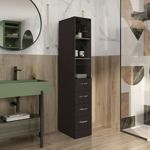 Bathroom Storage Cabinet Linen Cabinet 68" H, Three Shelves, Four Drawers and Metal handles,Bathroom Wall Storage
