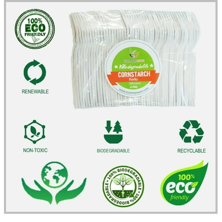 Potato Starch Fork - Forks - by EcoMojiWare.com - Certified Compostable Biodegradable Cutlery (100 count) made from Corn Starch Forks