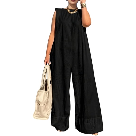 Women's Elegant Sleeveless Wide Leg Solid Color Jumpsuit for All Occasions Black S