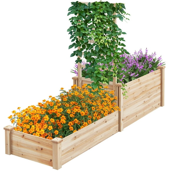 Gymax Raised Garden Bed w/ 2 Planter Boxes & Trellis Outdoor Wooden Planter Box Kit for Sapling