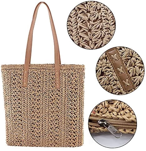 LinYooLi Women Straw Crochet Tote Bohemian Summer Beach Bag Large Handmade Shoulder Bag