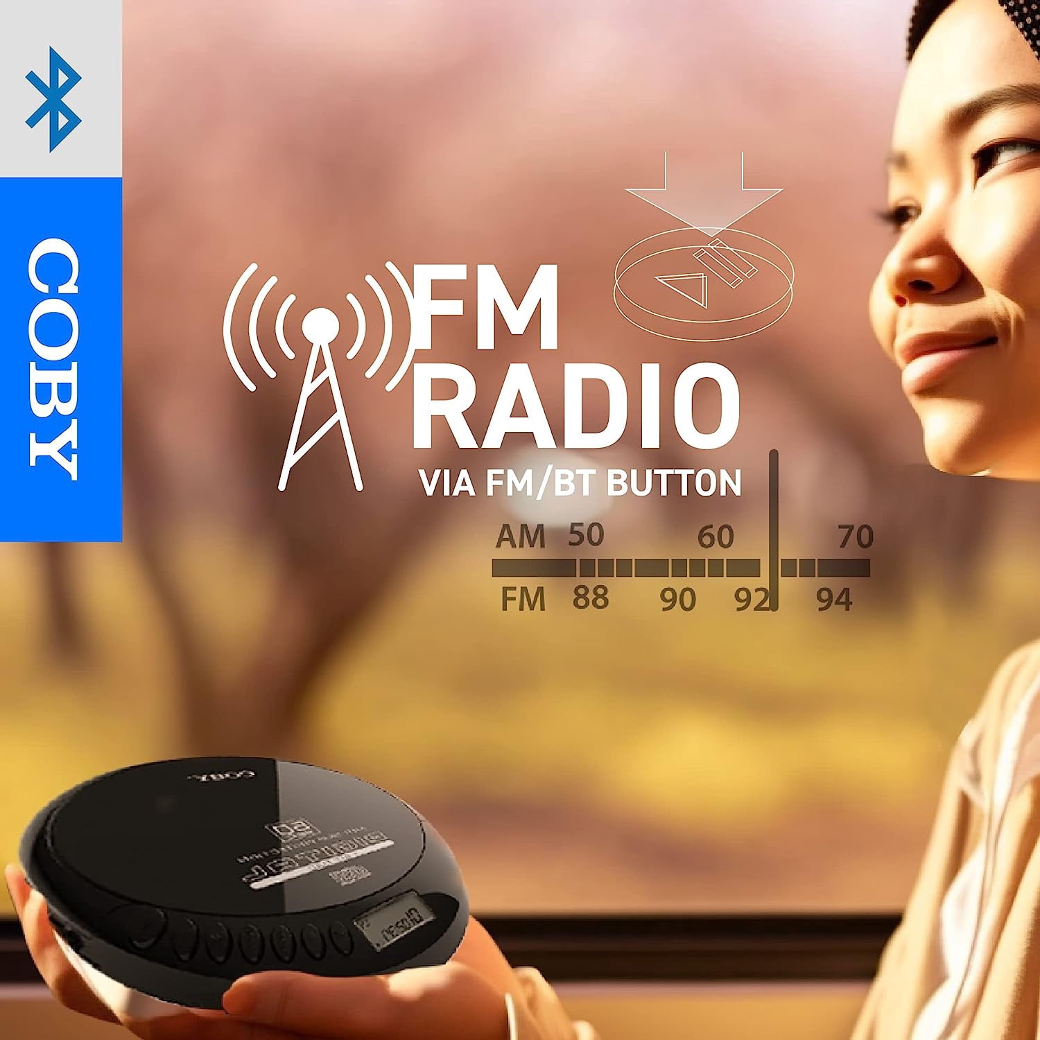 Coby CD Player Portable Bluetooth CD Player for Car, Headphones, FM, AUX, MP3 Anti-Skip CD Player for Home, Compact Discman, Rechargeable, Lightweight