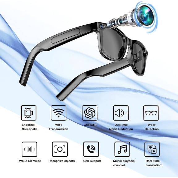 Nidmaw AI Smart Glasses (1 Pair): Voice Assistant, 8MP HD Camera, 1080P Video, Dual-Core Noise Reduction, Real-Time Translation, Replaceable Blue Light Lenses