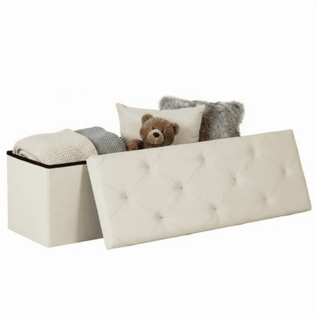 FENGFAN 43 Inch Beige Folding Storage Ottoman Bench MDF Linen Fabric Multi Purpose Foot Rest Stool Bedroom Entryway Storage Chest