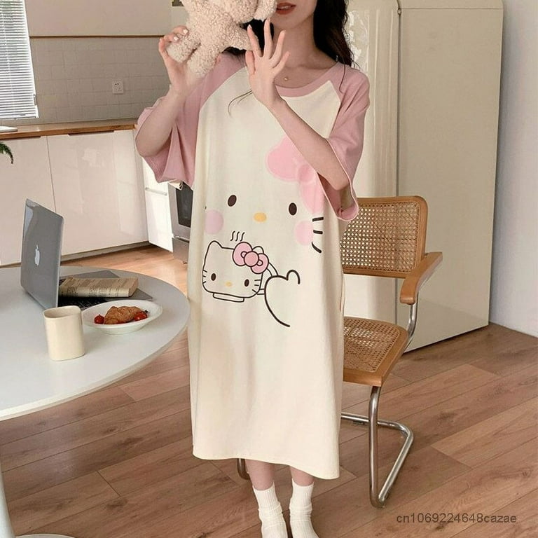 Sanrio Cartoon Summer Cute Dress Women Hello Kitty Short Sleeve Sleepshirts  Medium Long Style Nightgowns Y2k Soft Home Clothes 