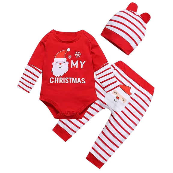 Coerni My 1st Christmas Christmas Outfits New born Baby Santa Print Long Sleeve Romper Top Striped Pant Hat Clothes Sets