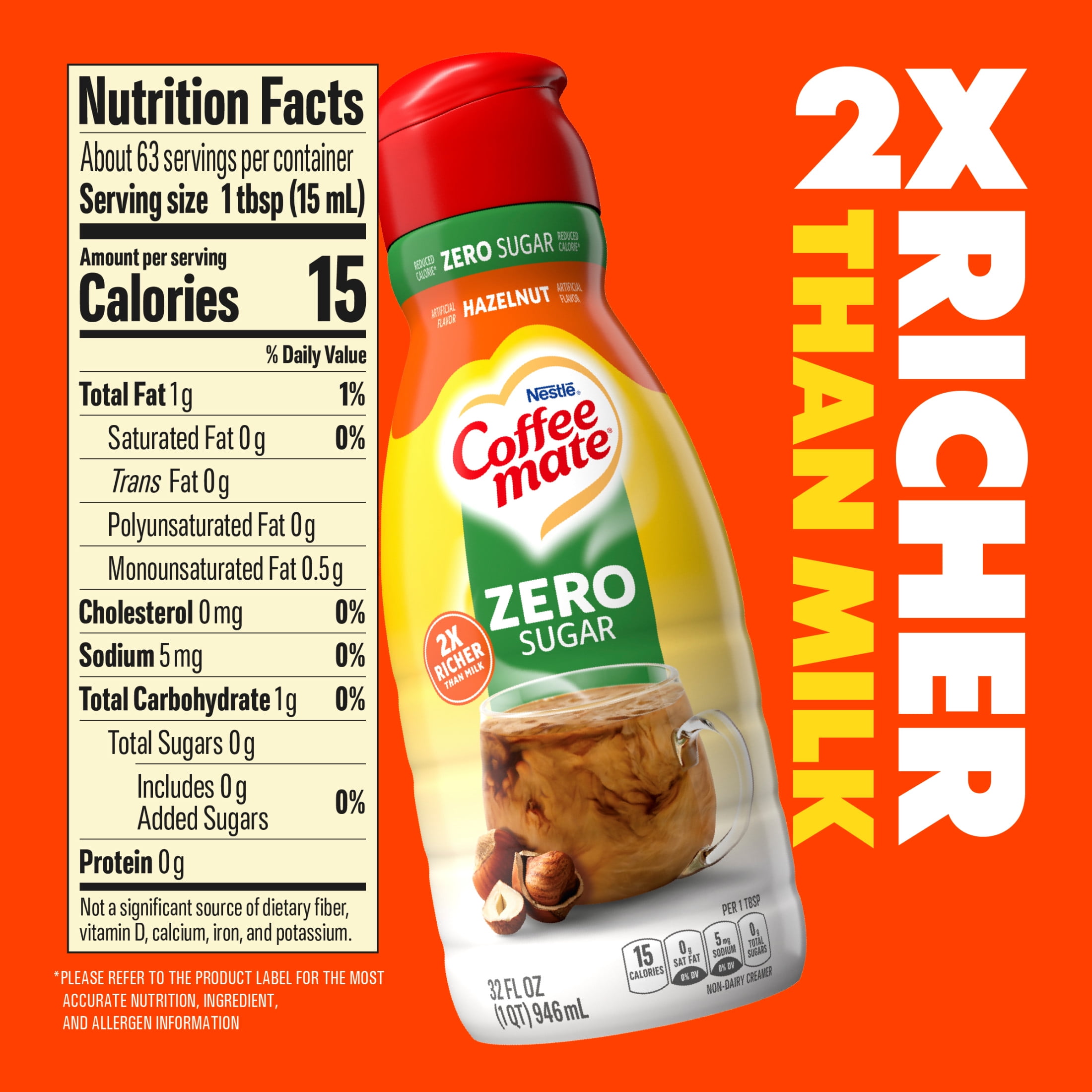Coffee mate Hazelnut Zero Sugar Gluten Free Liquid Non-Dairy Coffee Creamer, 32 fl oz