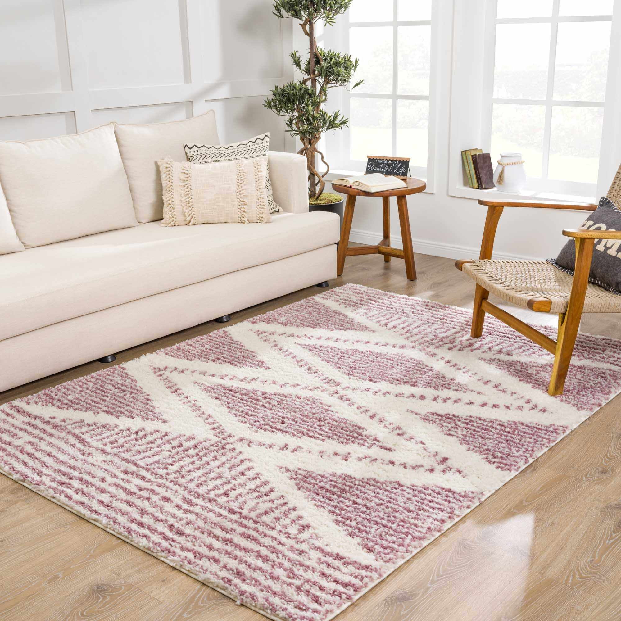 BoutiqueRugs Galaxy Boho Moroccan Geometric Shag Large Area Area Rug - High Pile Super Soft Carpet for Living Room, Bedroom - Pink, Cream, White, Blush - 7'10" x 10'3"