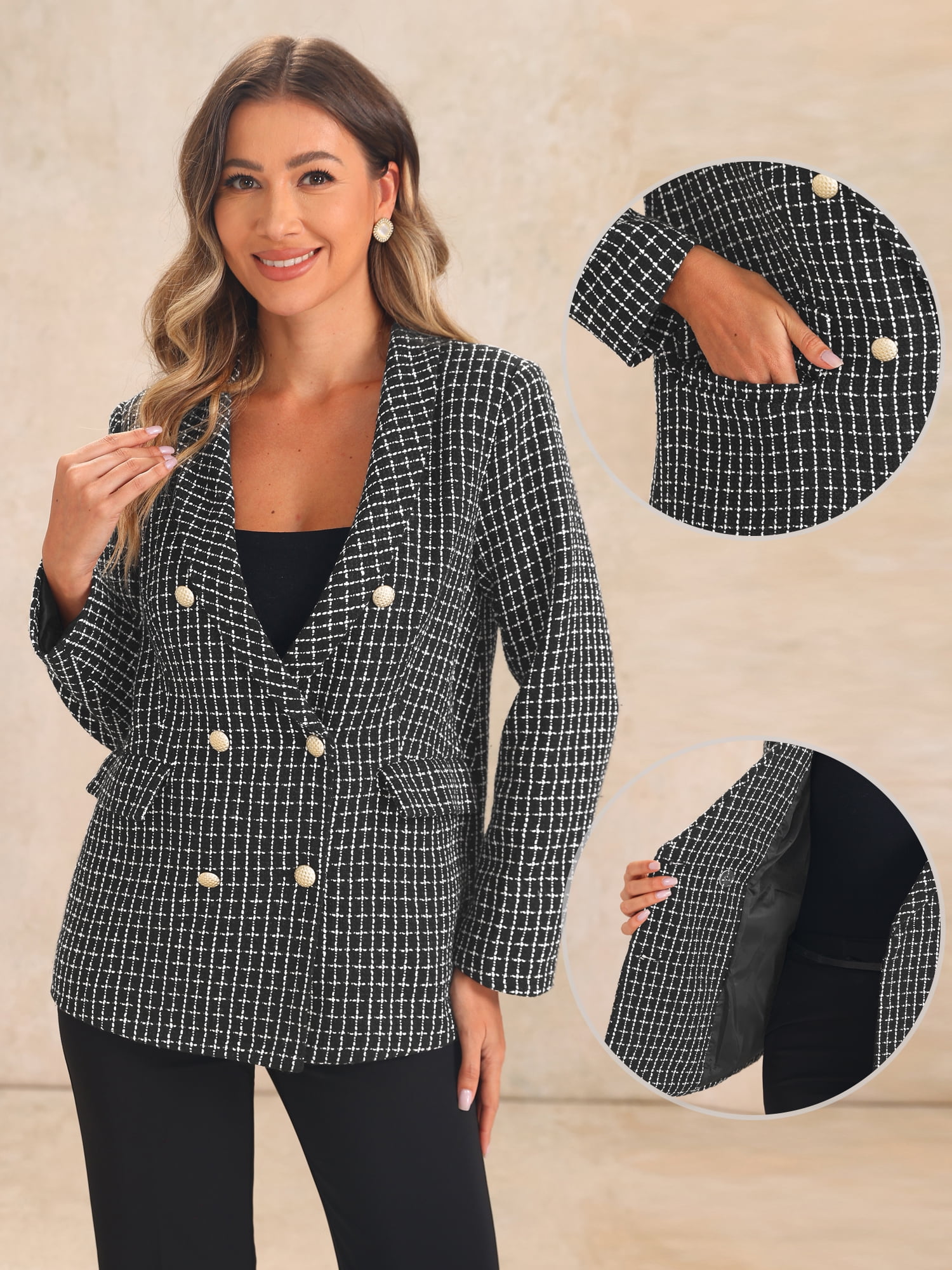 DARING DIVA Women's Casual Tweed Blazer Button Front Plaids Jacket Coat XL Black