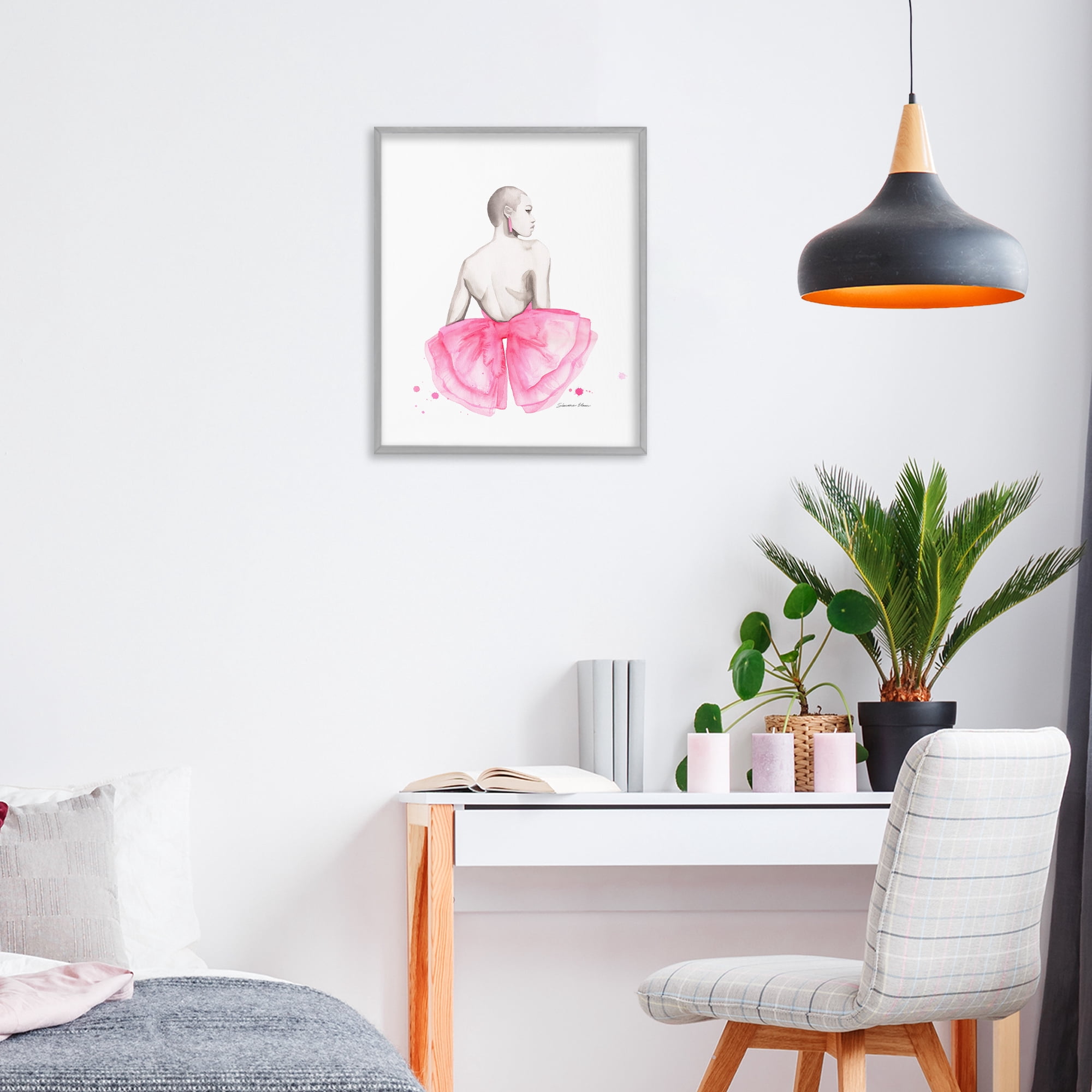 Stupell Industries Pink Bow Portrait From Behind Gray Framed Giclee Art, design by Simone Elum