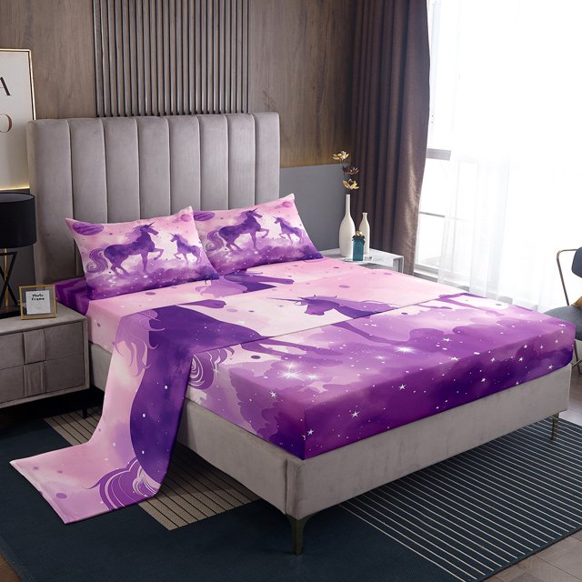 Erosebridal Ensemble de Draps de Lit Licorne Rêveuse Taille Simple, Draps de Lit Ciel Étoilé Mystique Simple, Violet, 3 Pcs