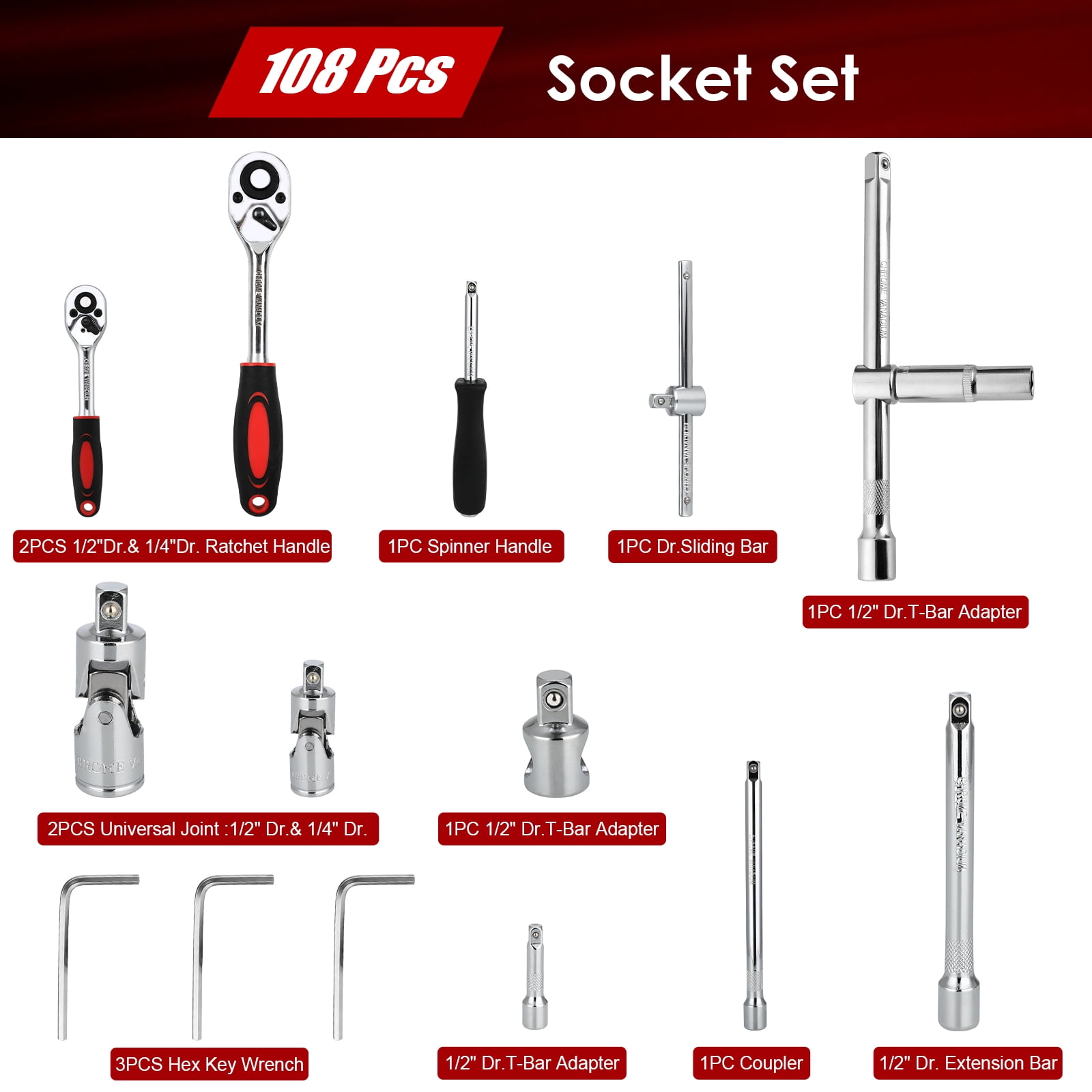 TLGREEN 108 Pcs Mechanic Socket Tool Kit, CR-V Steel Metric and Standard 1/4" & 1/2" Ratchet set, Universal Joint, Extension Bars,Adapter,Ratchet Wrench,Socket Set for Car