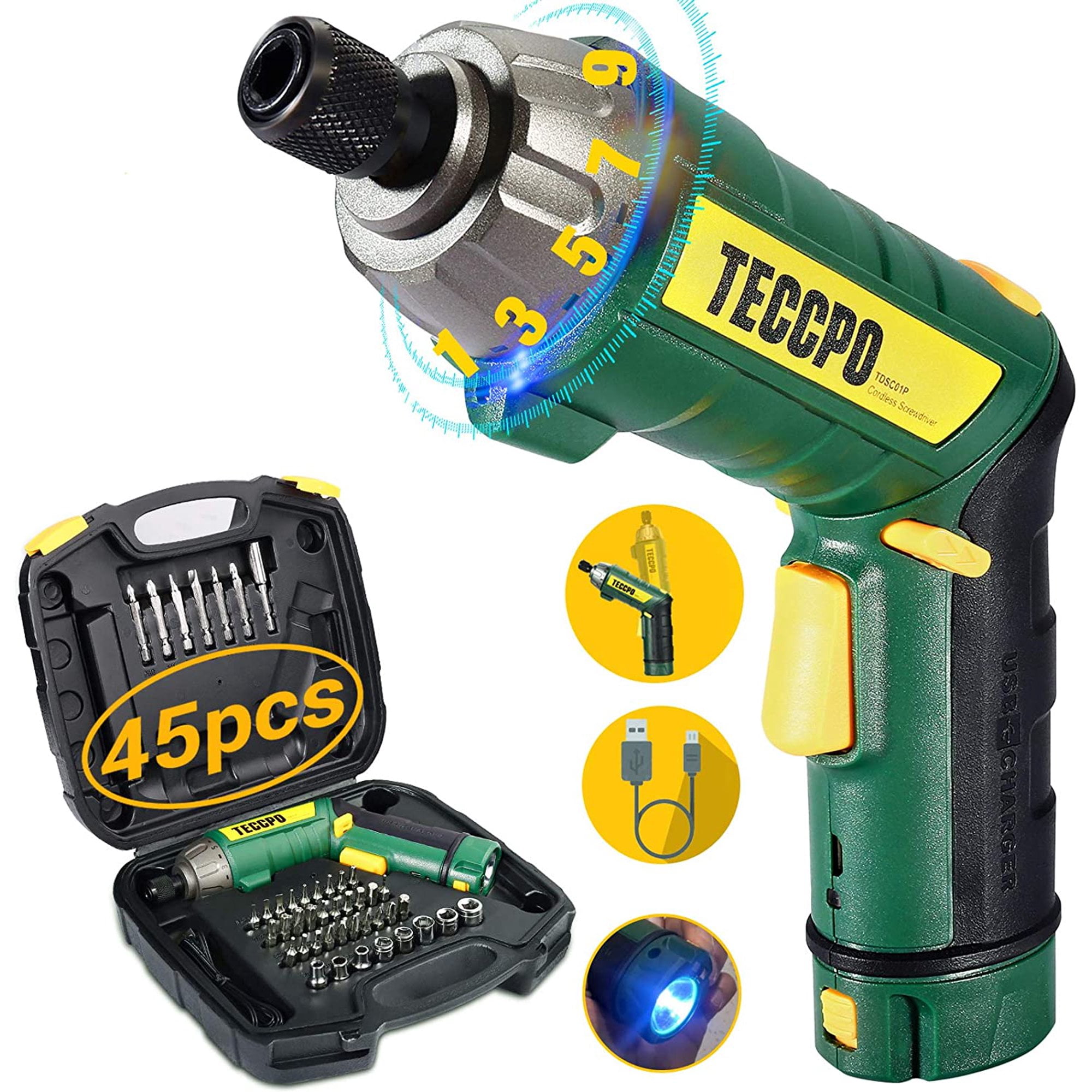 TECCPO 6Nm Cordless Electric Screwdriver 45pcs, 9+1 Torque Gears, Adjustable Handle, 4V, Green TDSC01P
