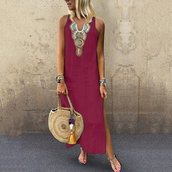 Women Bohemia Style Sleeveless Casual Beach Wear Maxi Dress