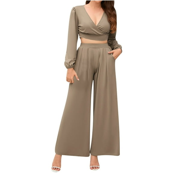 BLVB 2 Piece Outfits for Women Fall Long Sleeve Wrap V Neck Crop Tops Wide Leg Palazzo Pants Set for Casual Work